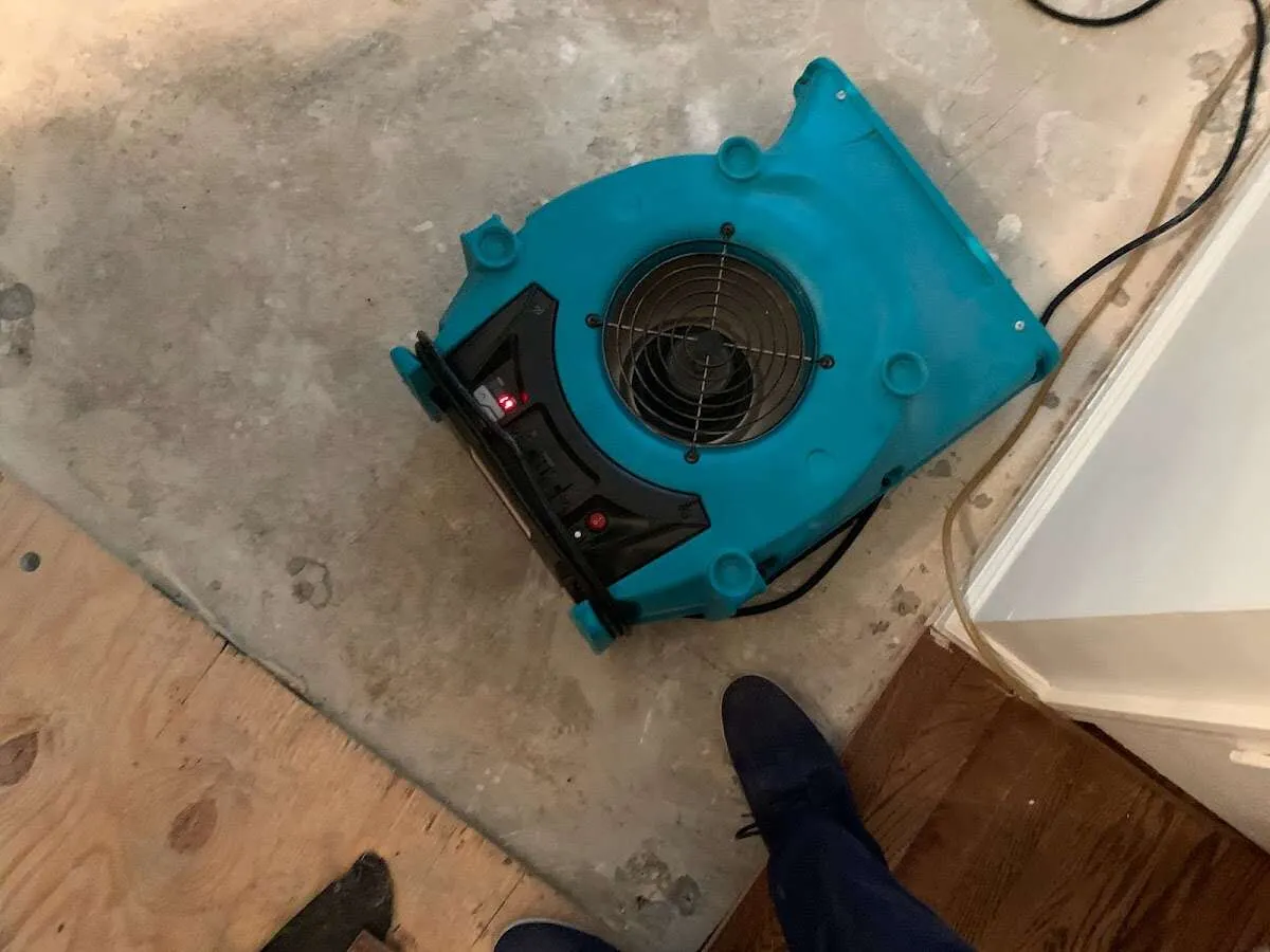 Air mover drying subfloor during Commercial Water Damage Restoration in Solon